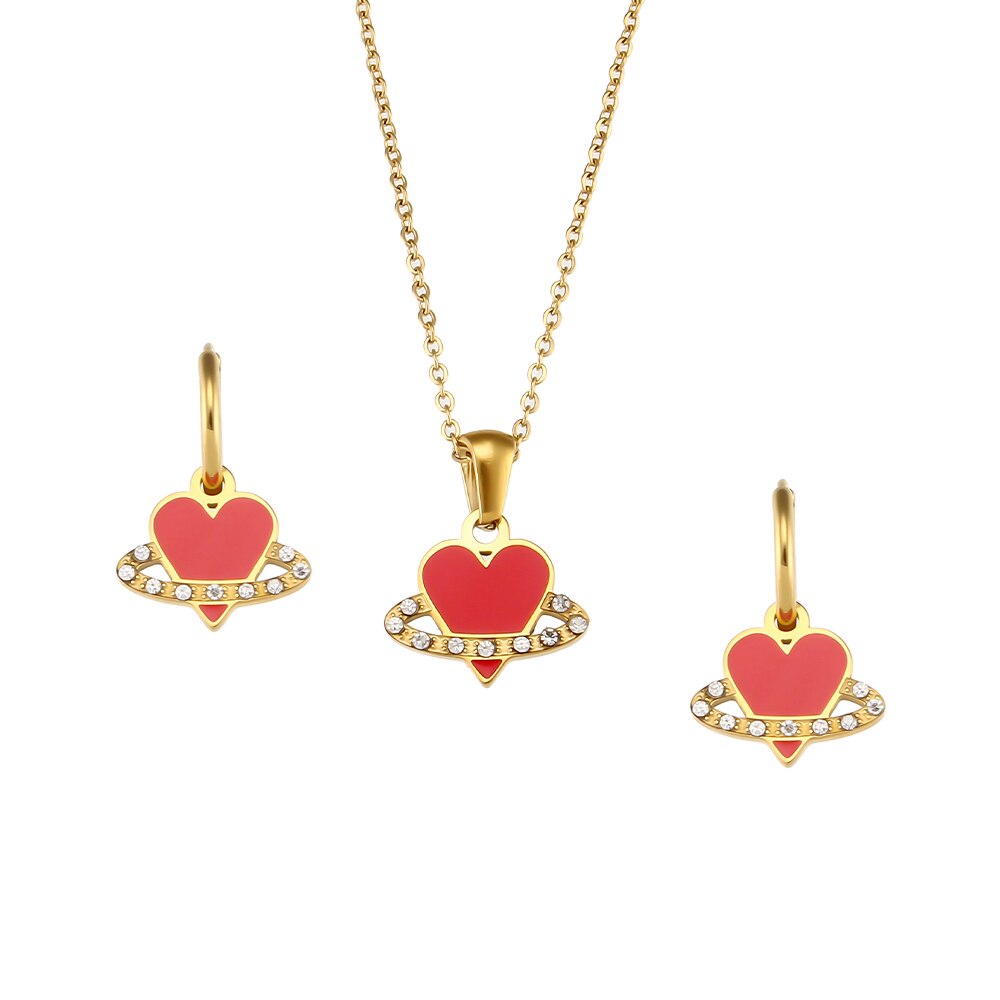 Red Heart Charm Necklace Set